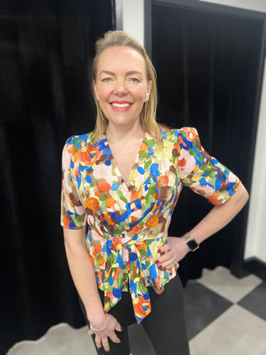 Vibrant Bouquet Peplum Tie Front Top in Cobalt & Orange - chichappensboutique