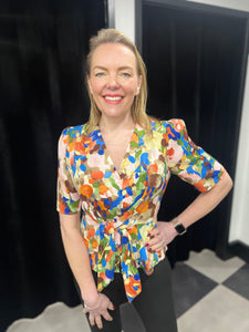 Vibrant Bouquet Peplum Tie Front Top in Cobalt & Orange - chichappensboutique