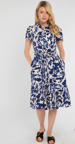 Cobalt Leaf Print Linen Blend Midi - chichappensboutique