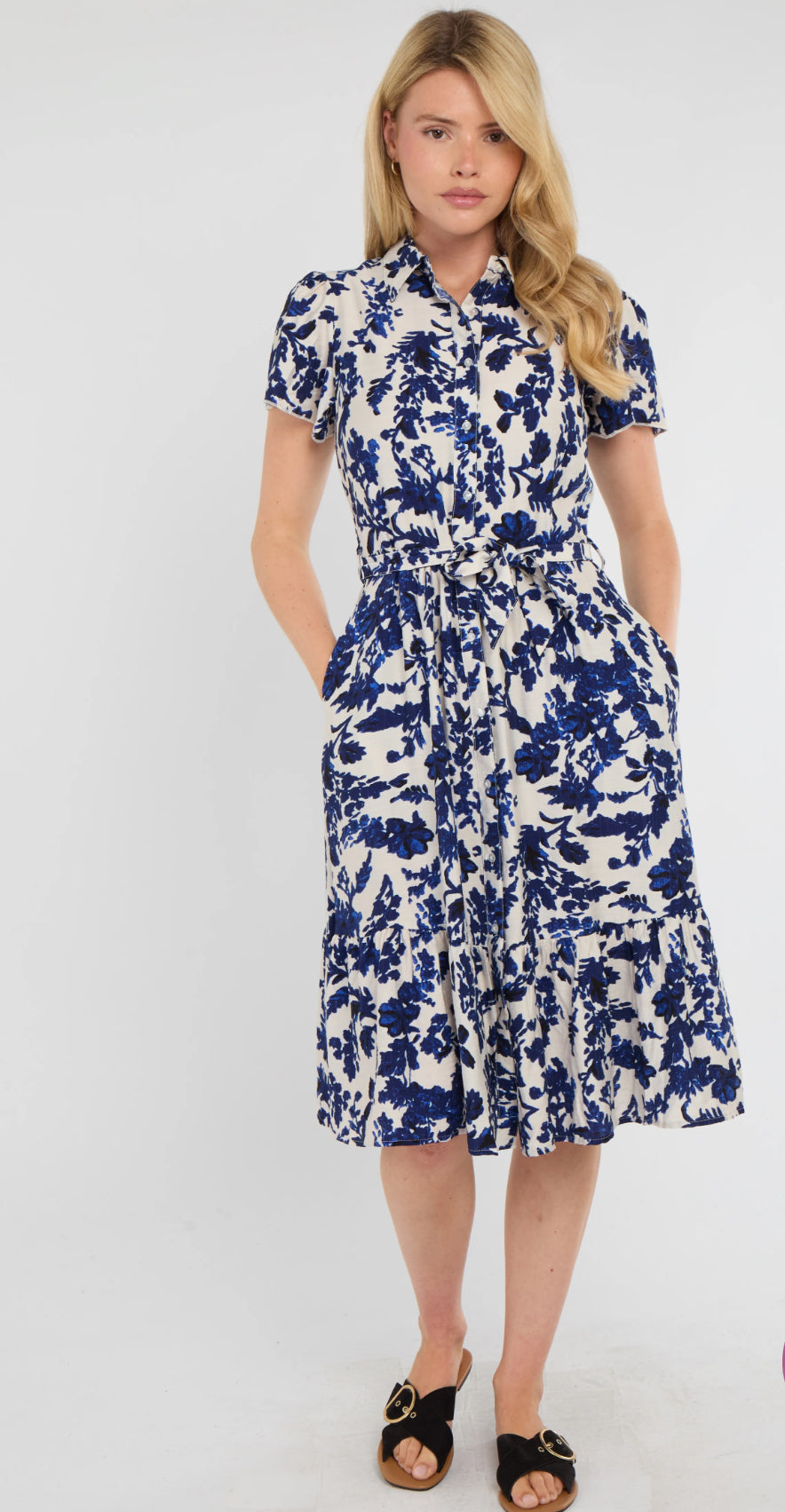 Cobalt Leaf Print Linen Blend Midi - chichappensboutique