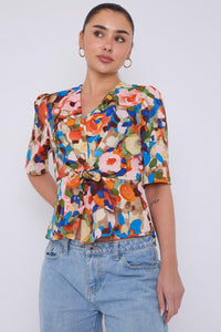 Vibrant Bouquet Peplum Tie Front Top in Cobalt & Orange - chichappensboutique