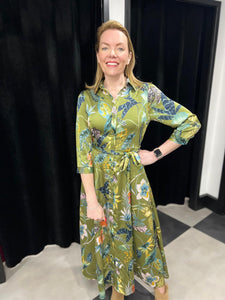 Khaki Botanical Print Satin Shirt Dress - chichappensboutique