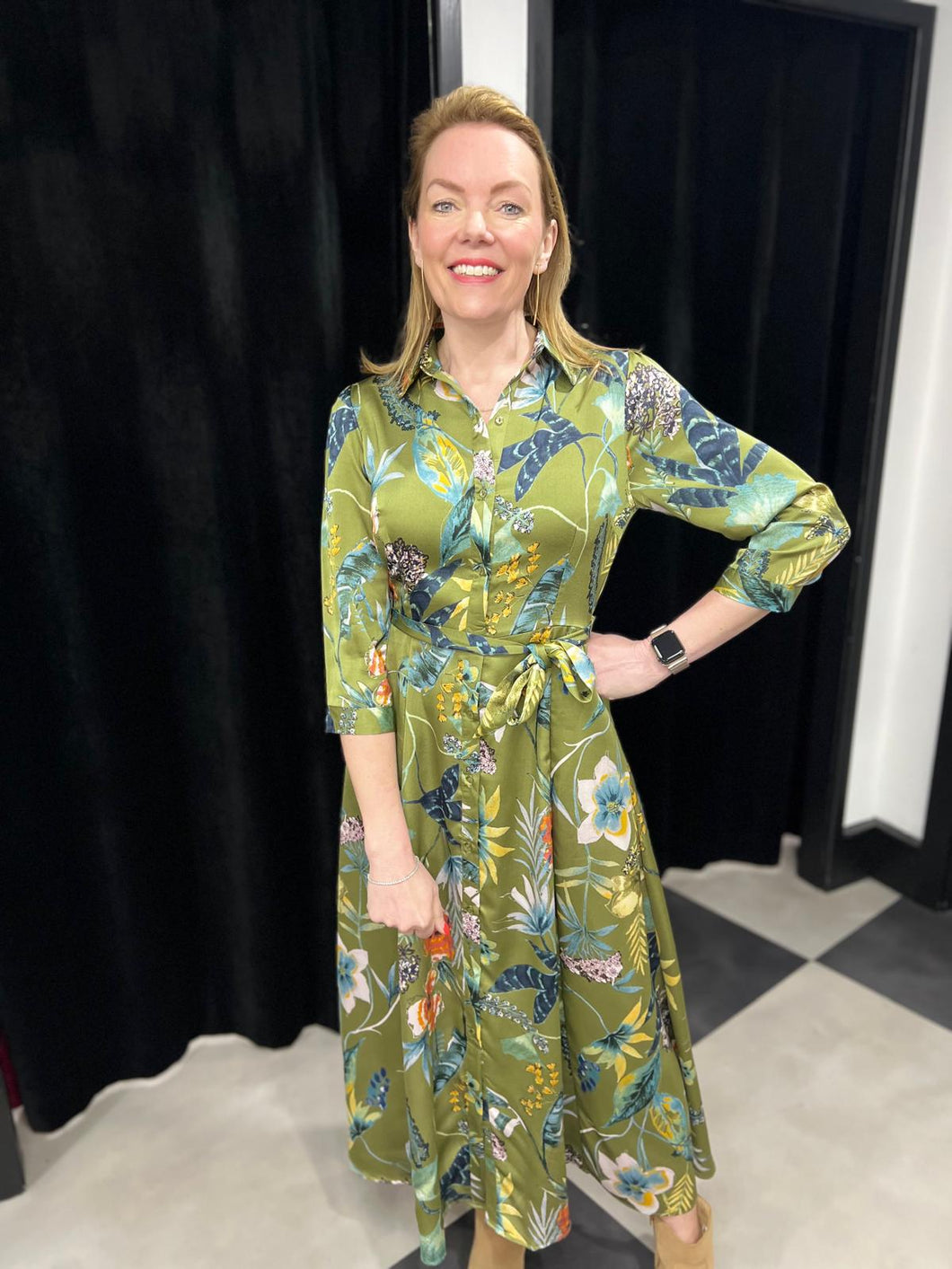 Khaki Botanical Print Satin Shirt Dress - chichappensboutique