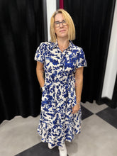 Load image into Gallery viewer, Cobalt Leaf Print Linen Blend Midi - chichappensboutique
