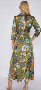 Khaki Botanical Print Satin Shirt Dress - chichappensboutique
