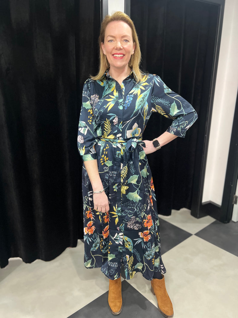 Navy Botanical Print Satin Shirt Dress