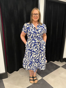 Cobalt Leaf Print Linen Blend Midi - chichappensboutique