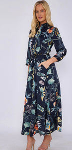 Navy Botanical Print Satin Shirt Dress - chichappensboutique