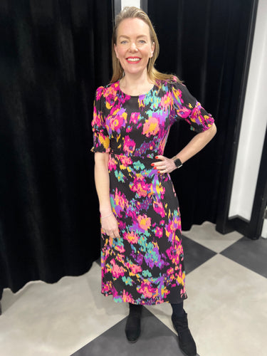 Hazel Midi Tea Dress (Black with vibrant colours) - chichappensboutique