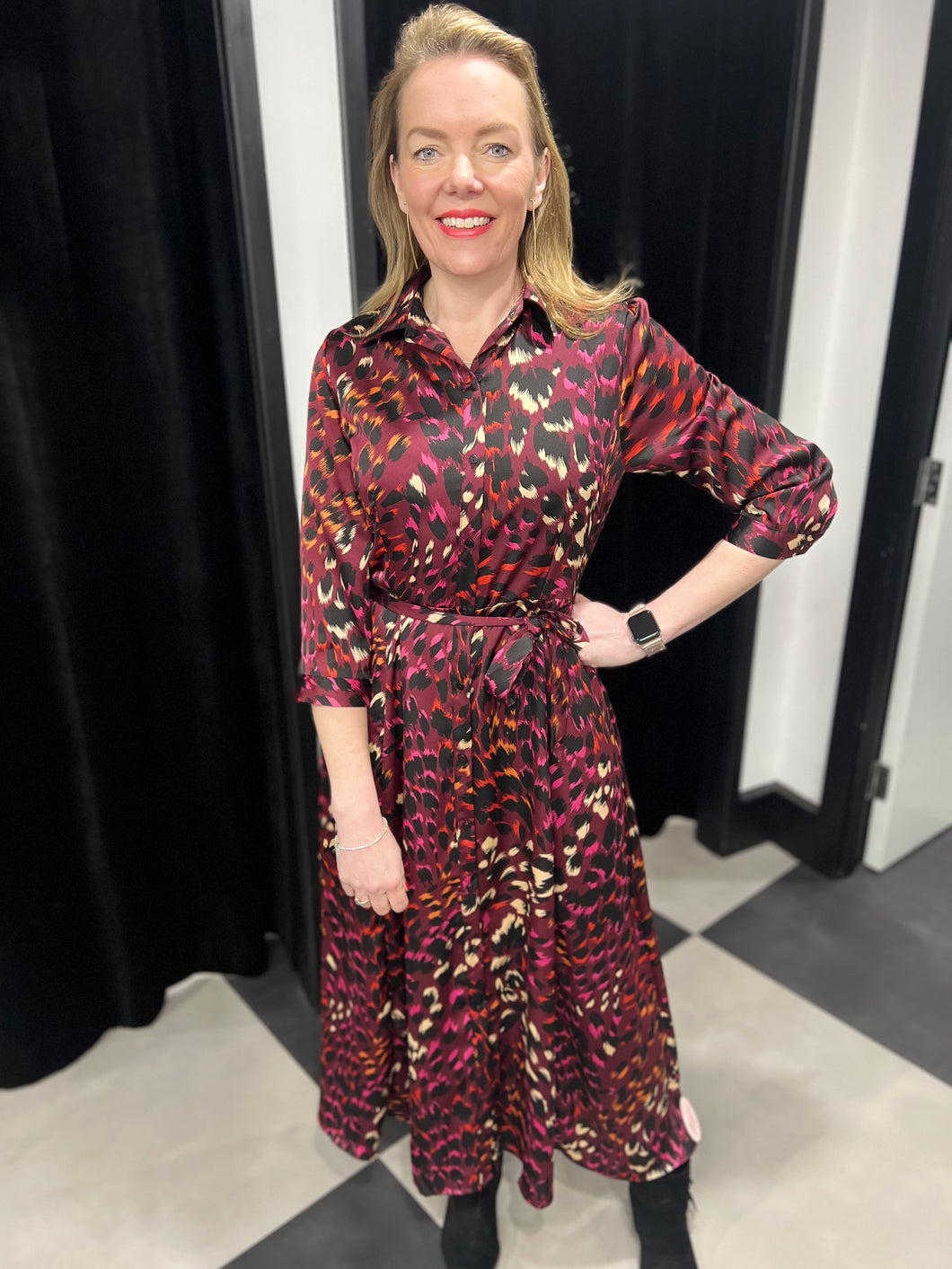 Multi Abstract Leopard Maxi Shirt Dress (Burgundy) - chichappensboutique
