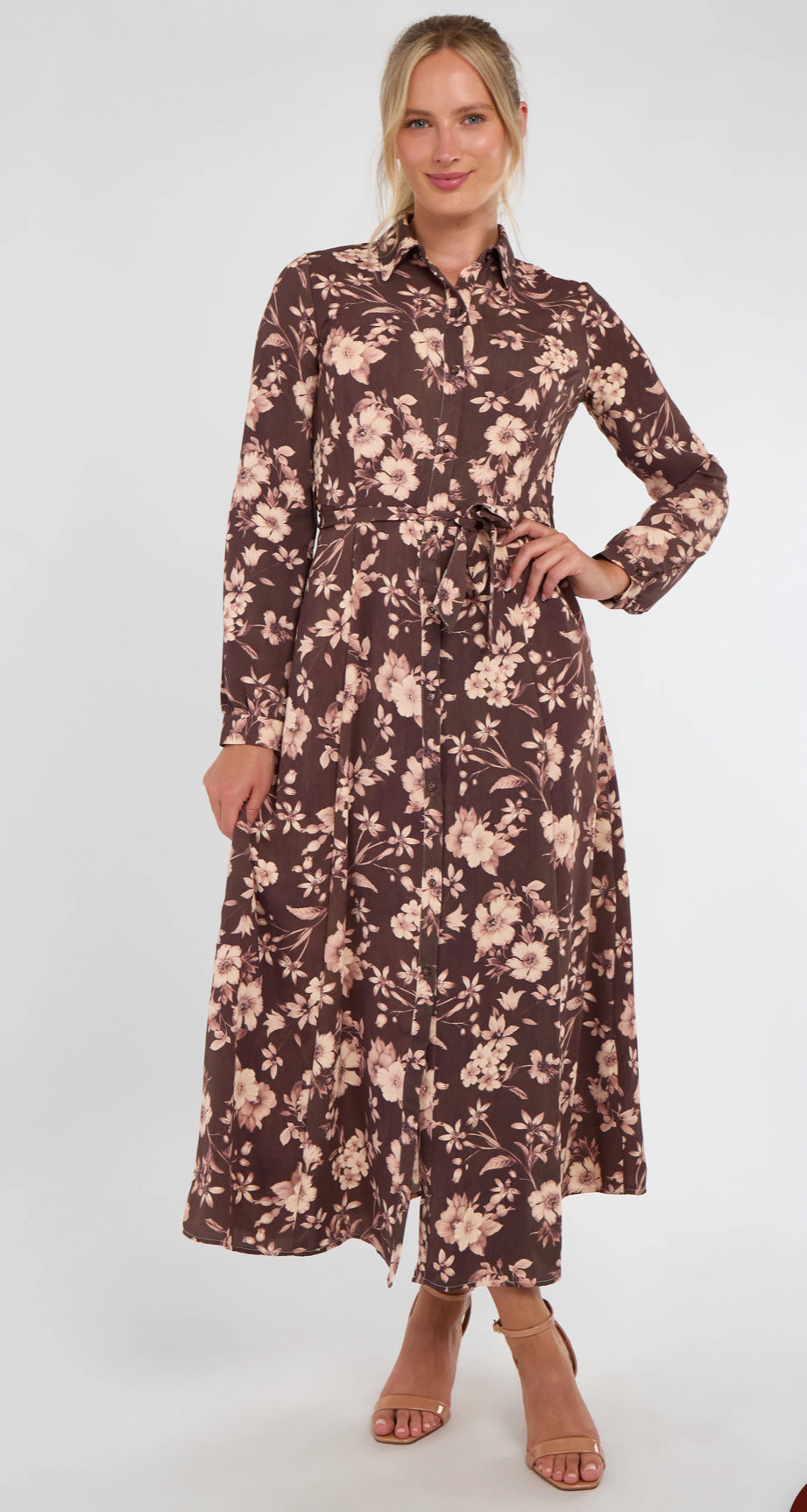 Floral Sepia Maxi Shirt Dress