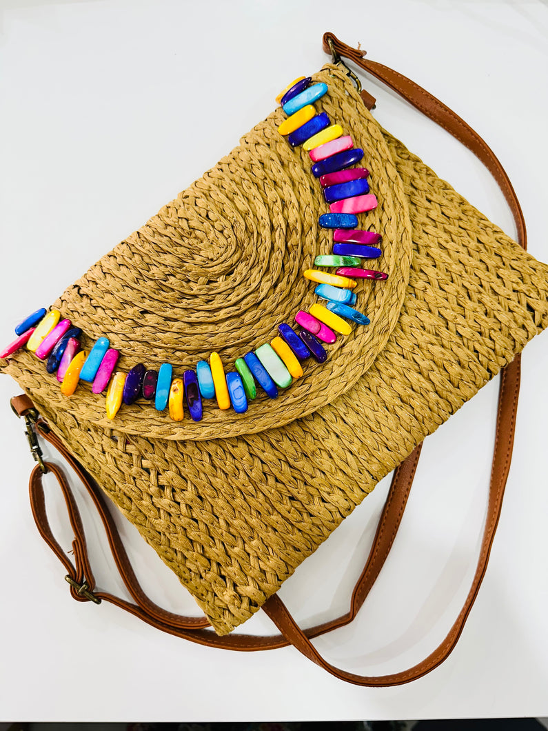 Beaded Trim Straw Clutch Bag