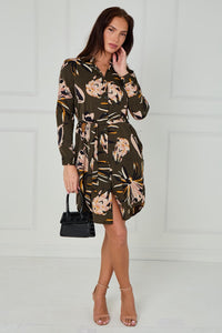 Khaki Abstract Floral Shirt Dress