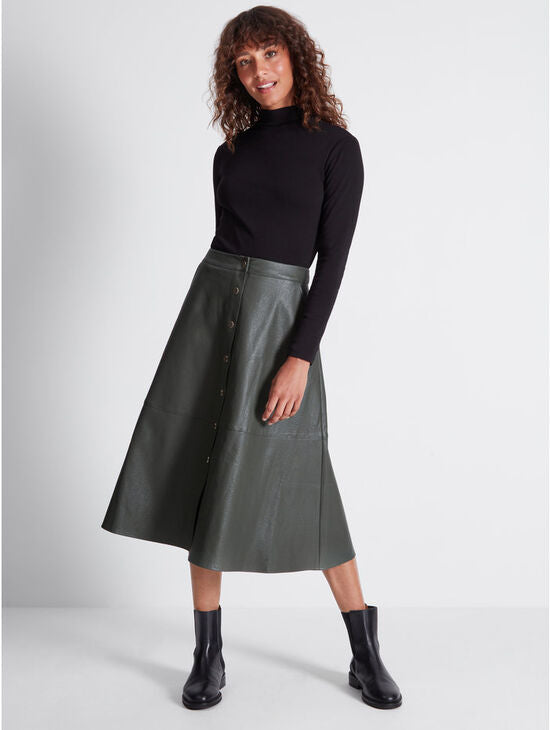 Faux Leather Midi Skirt (Olive) - chichappensboutique